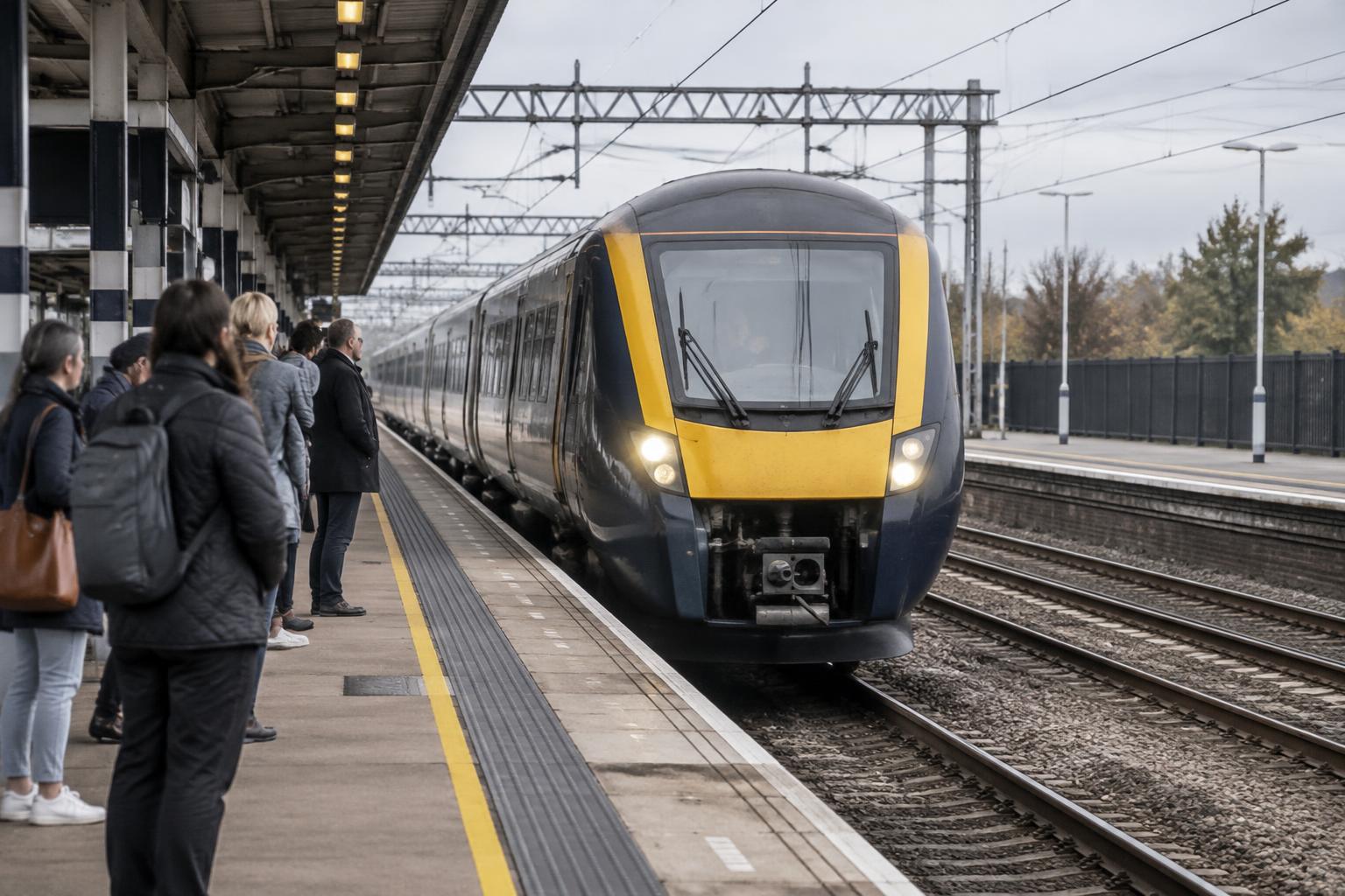 Passengers waiting as a train arrives at a UK station platform