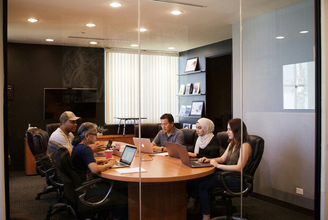 Colleagues meeting in a glass walled boardroom